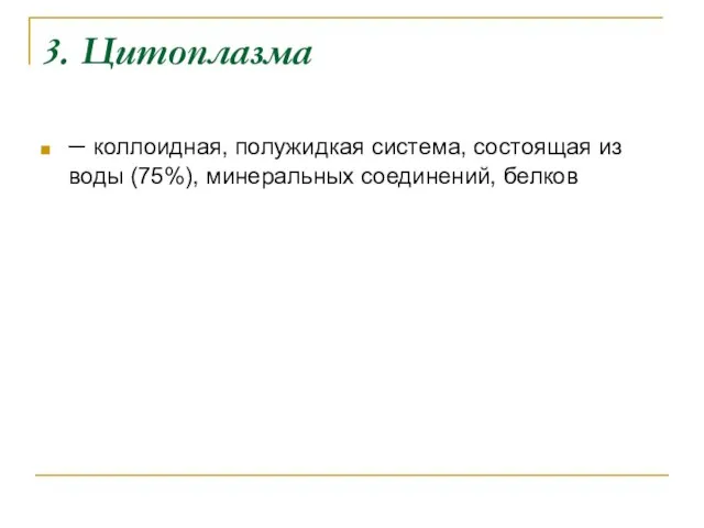 3. Цитоплазма – коллоидная, полужидкая система, состоящая из воды (75%), минеральных соединений, белков