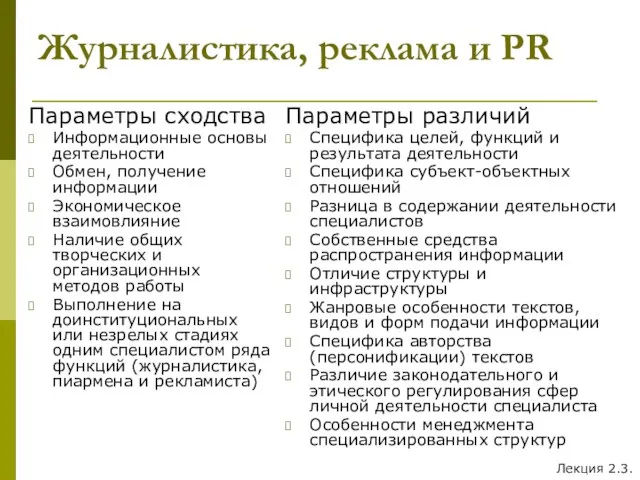 Журналистика, реклама и PR Параметры сходства Информационные основы деятельности Обмен, получение информации