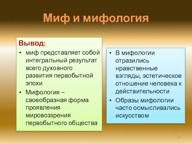 Миф и мифология Вывод: миф представляет собой интегральный результат всего духовного развития