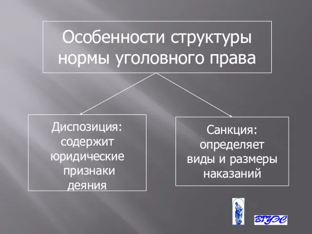 Особенности структуры нормы уголовного права Диспозиция: содержит юридические признаки деяния Санкция: определяет виды и размеры наказаний