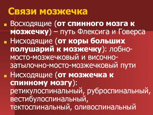 Связи мозжечка Восходящие (от спинного мозга к мозжечку) – путь Флексига и