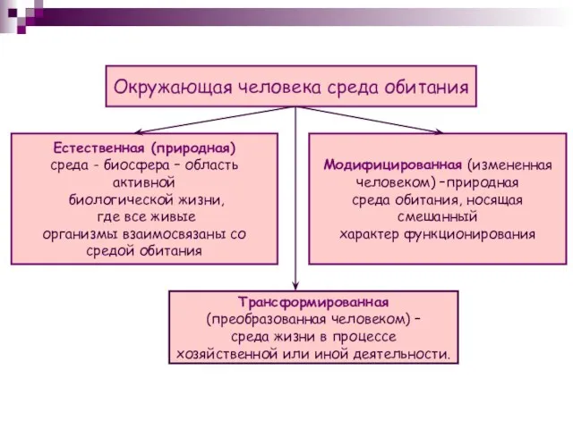 Окружающая человека среда обитания Естественная (природная) среда - биосфера – область активной