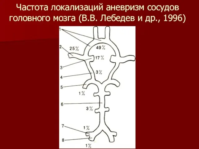 Частота локализаций аневризм сосудов головного мозга (В.В. Лебедев и др., 1996)