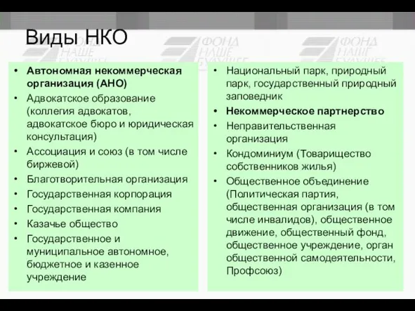 Виды НКО Автономная некоммерческая организация (АНО) Адвокатское образование (коллегия адвокатов, адвокатское бюро