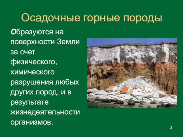 Осадочные горные породы Образуются на поверхности Земли за счет физического, химического разрушения