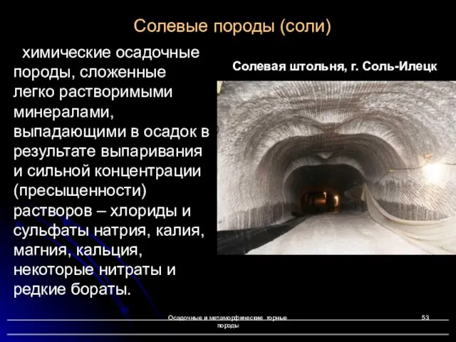 Осадочные и метаморфические горные породы Солевые породы (соли) химические осадочные породы, сложенные