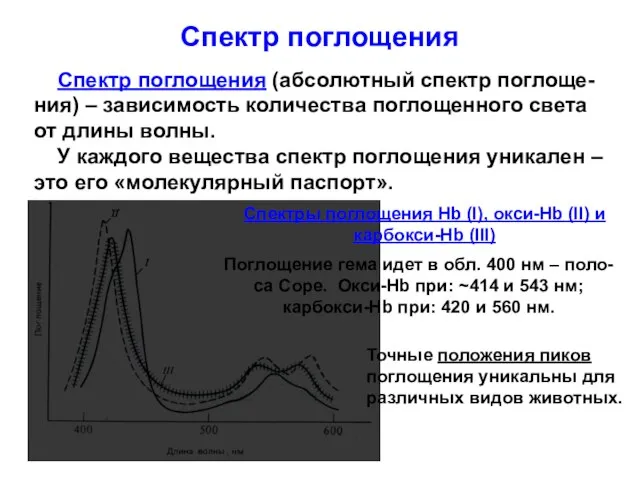 Спектр поглощения Спектр поглощения (абсолютный спектр поглоще-ния) – зависимость количества поглощенного света