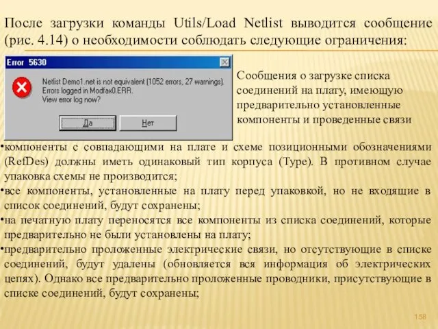 После загрузки команды Utils/Load Netlist выводится сообщение (рис. 4.14) о необходимости соблюдать