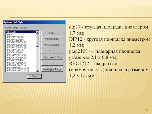 dip17 - круглая площадка диаметром 1,7 мм; DIP12 - круглая площадка диаметром