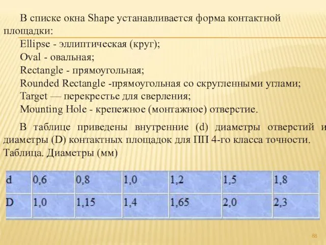 В списке окна Shape устанавливается форма контактной площадки: Ellipse - эллиптическая (круг);