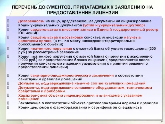 ПЕРЕЧЕНЬ ДОКУМЕНТОВ, ПРИЛАГАЕМЫХ К ЗАЯВЛЕНИЮ НА ПРЕДОСТАВЛЕНИЕ ЛИЦЕНЗИИ Доверенность на лицо, представляющее