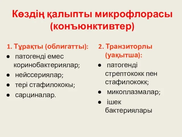 Көздің қалыпты микрофлорасы (конъюнктивтер) 1. Тұрақты (облигатты): патогенді емес коринобактериялар; нейссериялар; тері