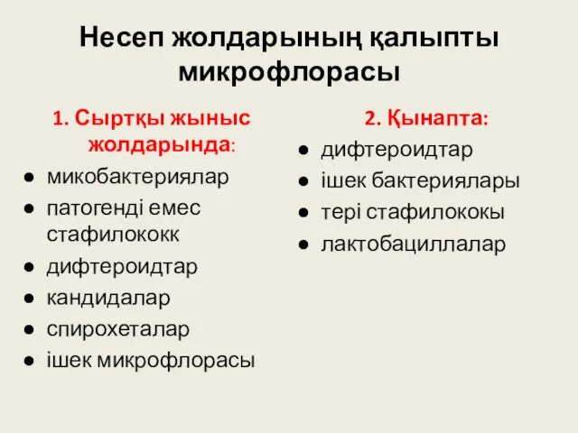 Несеп жолдарының қалыпты микрофлорасы 1. Сыртқы жыныс жолдарында: микобактериялар патогенді емес стафилококк