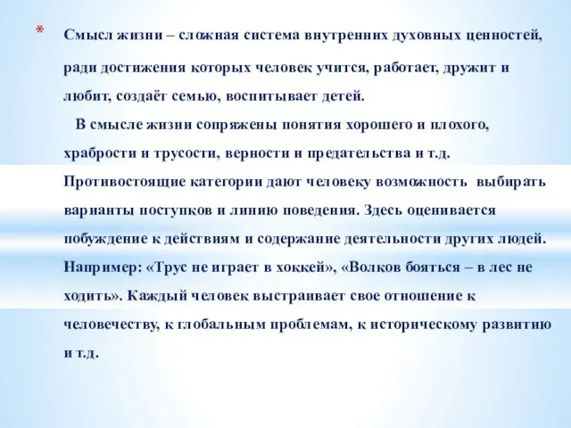 Смысл жизни – сложная система внутренних духовных ценностей, ради достижения которых человек