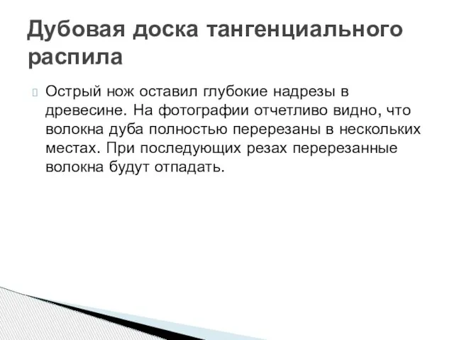 Дубовая доска тангенциального распила Острый нож оставил глубокие надрезы в древесине. На