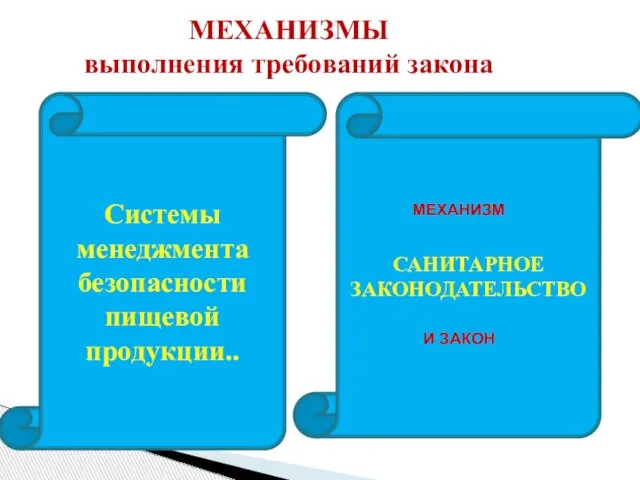 Системы менеджмента безопасности пищевой продукции.. МЕХАНИЗМЫ выполнения требований закона САНИТАРНОЕ ЗАКОНОДАТЕЛЬСТВО МЕХАНИЗМ И ЗАКОН