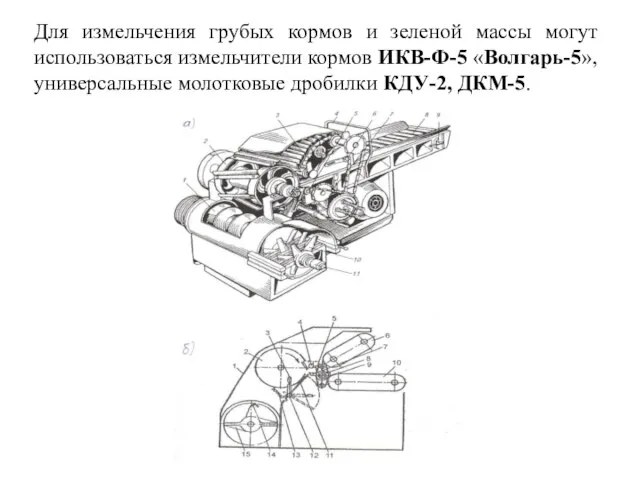 Для измельчения грубых кормов и зеленой массы могут использоваться измельчители кормов ИКВ-Ф-5