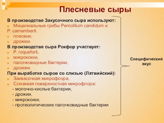 Плесневые сыры В производстве Закусочного сыра используют: Мицелиальные грибы Penicillium candidum и