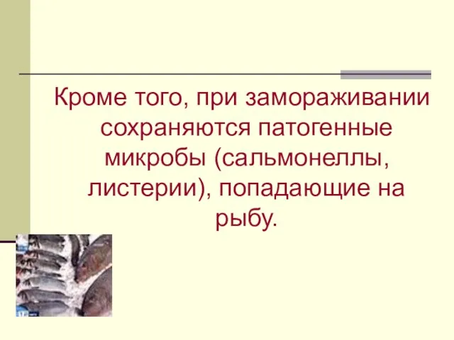 Кроме того, при замораживании сохраняются патогенные микробы (сальмонеллы, листерии), попадающие на рыбу.