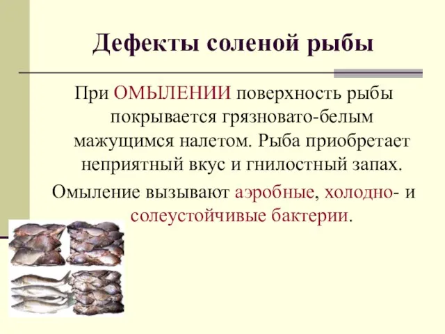 При ОМЫЛЕНИИ поверхность рыбы покрывается грязновато-белым мажущимся налетом. Рыба приобретает неприятный вкус