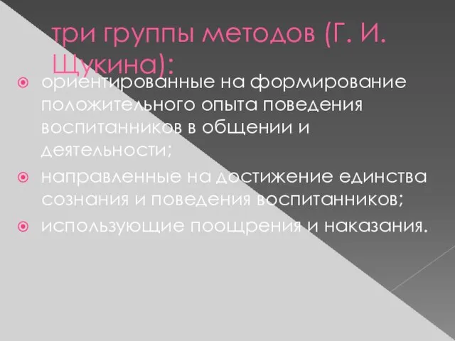 три группы методов (Г. И. Щукина): ориентированные на формирование положительного опыта поведения