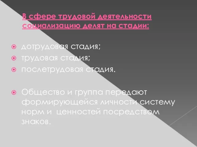 В сфере трудовой деятельности социализацию делят на стадии: дотрудовая стадия; трудовая стадия;