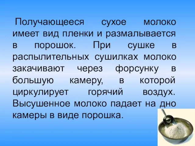 Получающееся сухое молоко имеет вид пленки и размалывается в порошок. При сушке