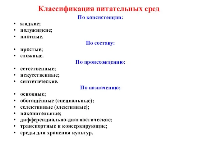 Классификация питательных сред По консистенции: жидкие; полужидкие; плотные. По составу: простые; сложные.