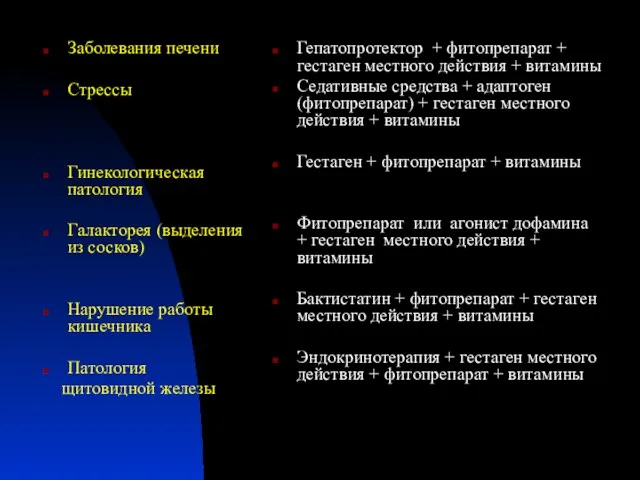 Заболевания печени Стрессы Гинекологическая патология Галакторея (выделения из сосков) Нарушение работы кишечника