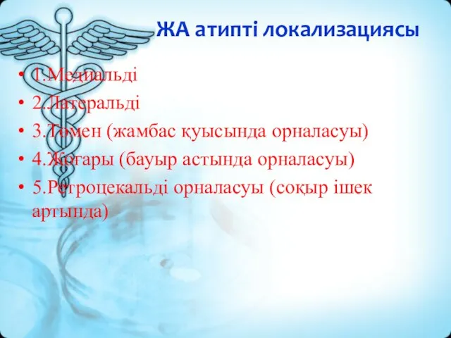 ЖА атипті локализациясы 1.Медиальді 2.Латеральді 3.Төмен (жамбас қуысында орналасуы) 4.Жоғары (бауыр астында