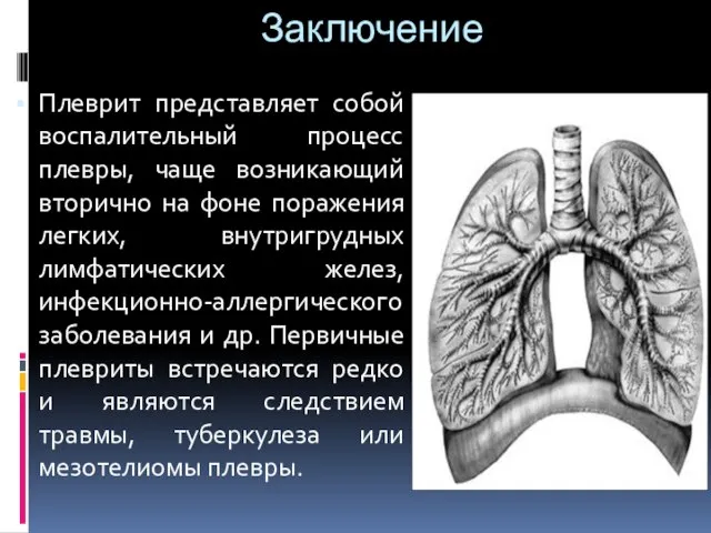 Заключение Плеврит представляет собой воспалительный процесс плевры, чаще возникающий вторично на фоне