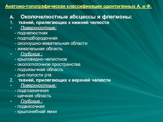 Анатомо-топографическая классификация одонтогенных А. и Ф. А. Околочелюстные абсцессы и флегмоны: 1.