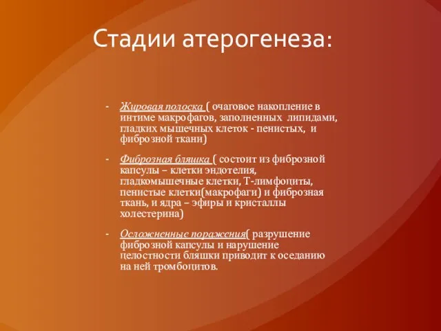 Стадии атерогенеза: Жировая полоска ( очаговое накопление в интиме макрофагов, заполненных липидами,