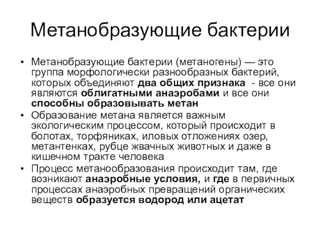 Метанобразующие бактерии Метанобразующие бактерии (метаногены) — это группа морфологически разнообразных бактерий, которых