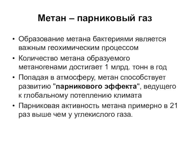 Метан – парниковый газ Образование метана бактериями является важным геохимическим процессом Количество