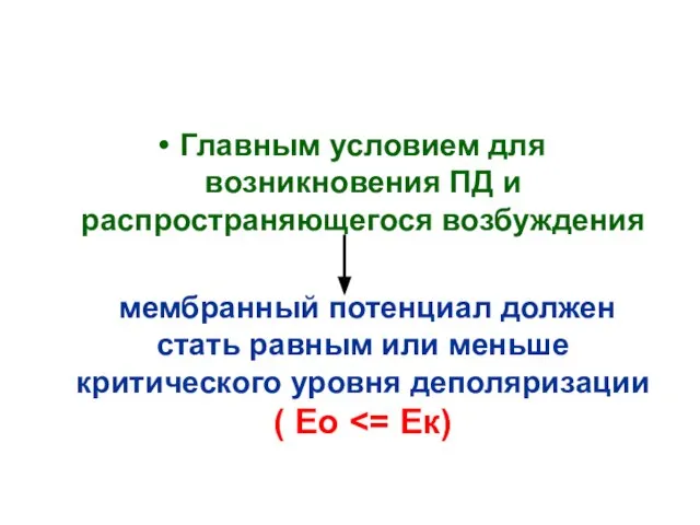 Главным условием для возникновения ПД и распространяющегося возбуждения мембранный потенциал должен стать