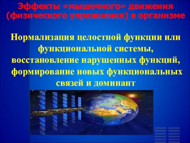 Эффекты «мышечного» движения (физического упражнения) в организме Нормализация целостной функции или функциональной