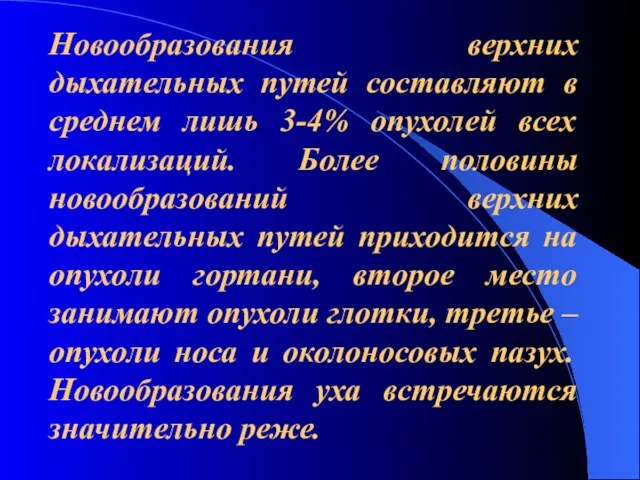 Новообразования верхних дыхательных путей составляют в среднем лишь 3-4% опухолей всех локализаций.