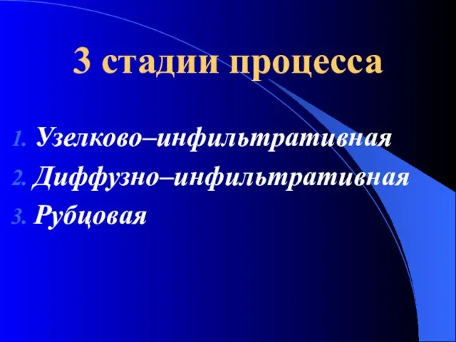 3 стадии процесса Узелково–инфильтративная Диффузно–инфильтративная Рубцовая