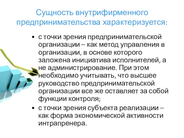 Сущность внутрифирменного предпринимательства характеризуется: с точки зрения предпринимательской организации – как метод