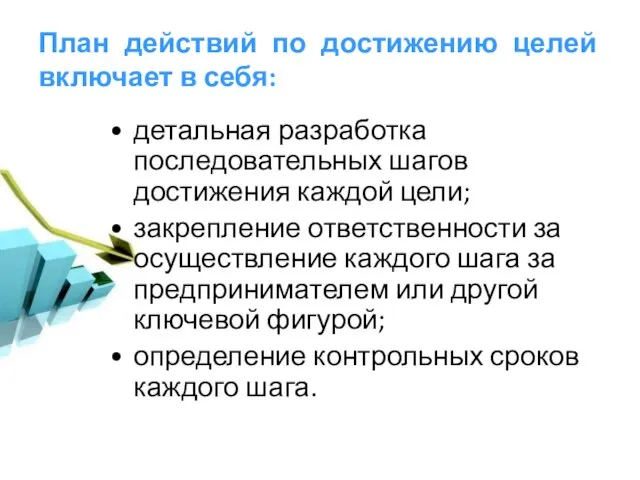 План действий по достижению целей включает в себя: детальная разработка последовательных шагов