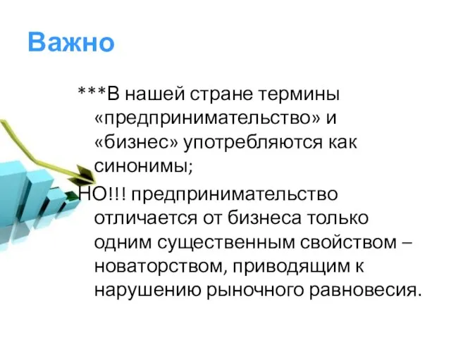 Важно ***В нашей стране термины «предпринимательство» и «бизнес» употребляются как синонимы; НО!!!