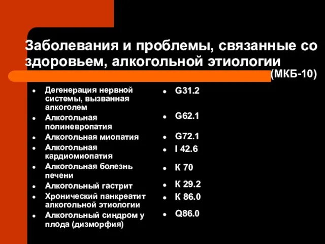 Заболевания и проблемы, связанные со здоровьем, алкогольной этиологии Дегенерация нервной системы, вызванная