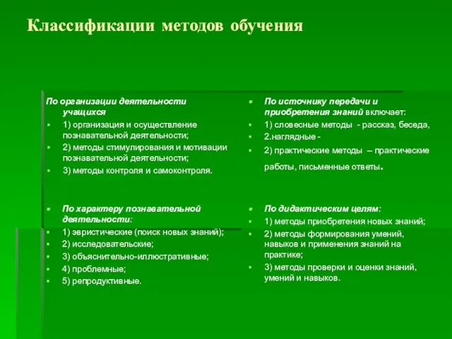 Классификации методов обучения По организации деятельности учащихся 1) организация и осуществление познавательной