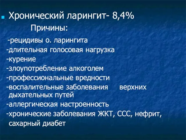 Хронический ларингит- 8,4% Причины: -рецидивы о. ларингита -длительная голосовая нагрузка -курение -злоупотребление