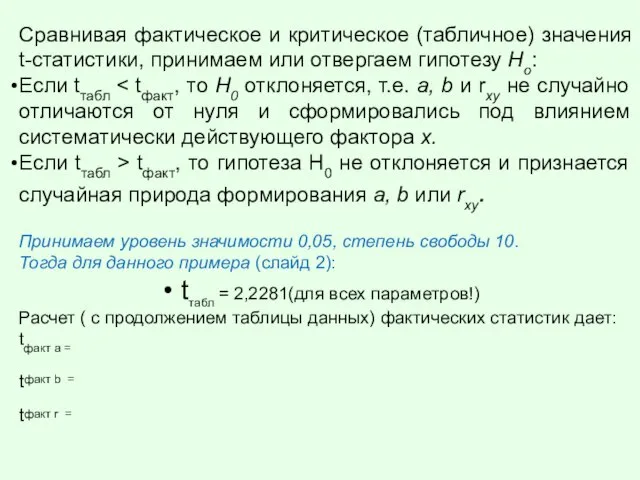 Сравнивая фактическое и критическое (табличное) значения t-статистики, принимаем или отвергаем гипотезу Hо: