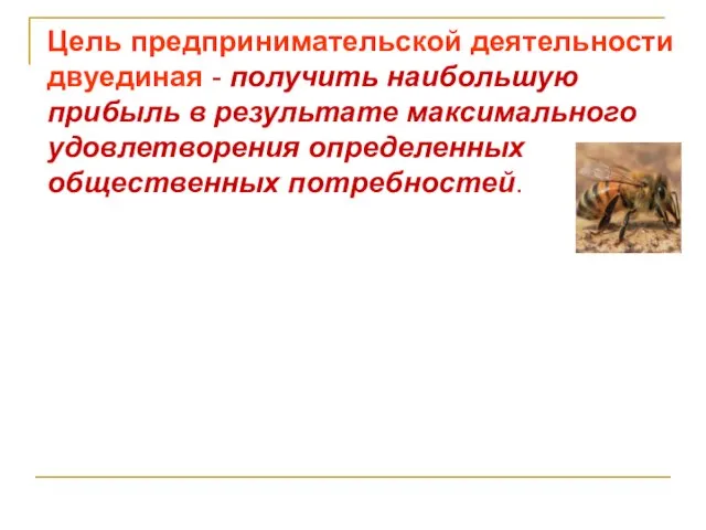 Цель предпринимательской деятельности двуединая - получить наибольшую прибыль в результате максимального удовлетворения определенных общественных потребностей.