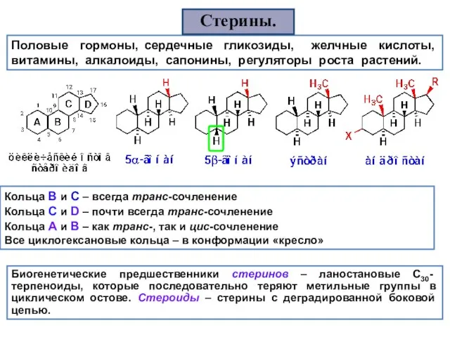 Половые гормоны, сердечные гликозиды, желчные кислоты, витамины, алкалоиды, сапонины, регуляторы роста растений.