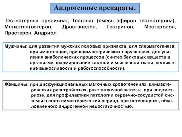 Андрогенные препараты. Тестостерона пропионат, Тестэнат (смесь эфиров тестостерона), Метилтестостерон, Дростанолон, Гестринон, Местеролон,