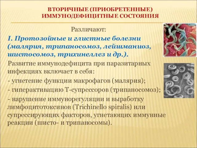 ВТОРИЧНЫЕ (ПРИОБРЕТЕННЫЕ) ИММУНОДЕФИЦИТНЫЕ СОСТОЯНИЯ Различают: I. Протозойные и глистные болезни (малярия, трипаносомоз,